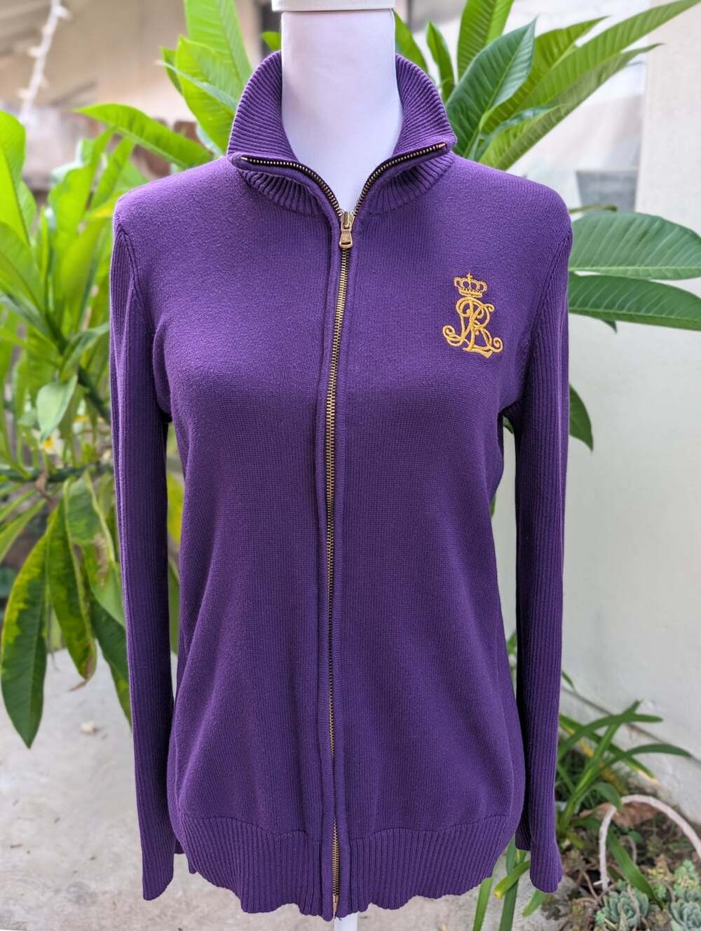Ralph Lauren purple knitted zip up sweater gold embroidery Large VGUC